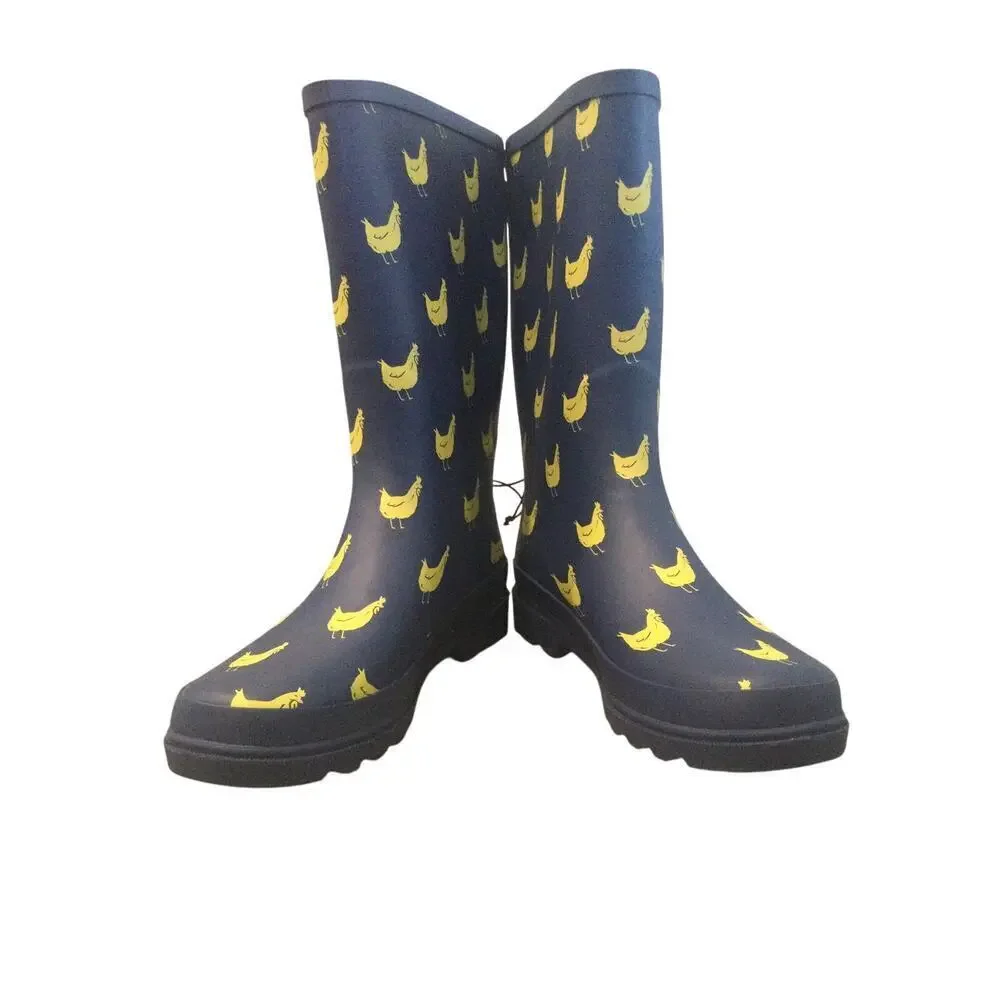 Western Chief Rain Boots Womens‎ 10 Funky Flock Tall Navy Blue Chicken Farm NEW